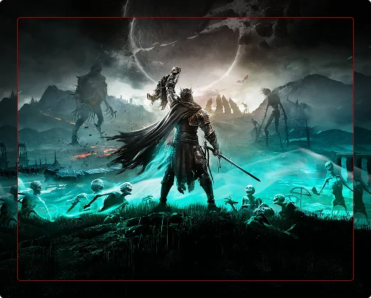 Un guerriero in armatura ha sollevato una lanterna accesa sopra un'orda di scheletri in un cupo mondo fantasy
